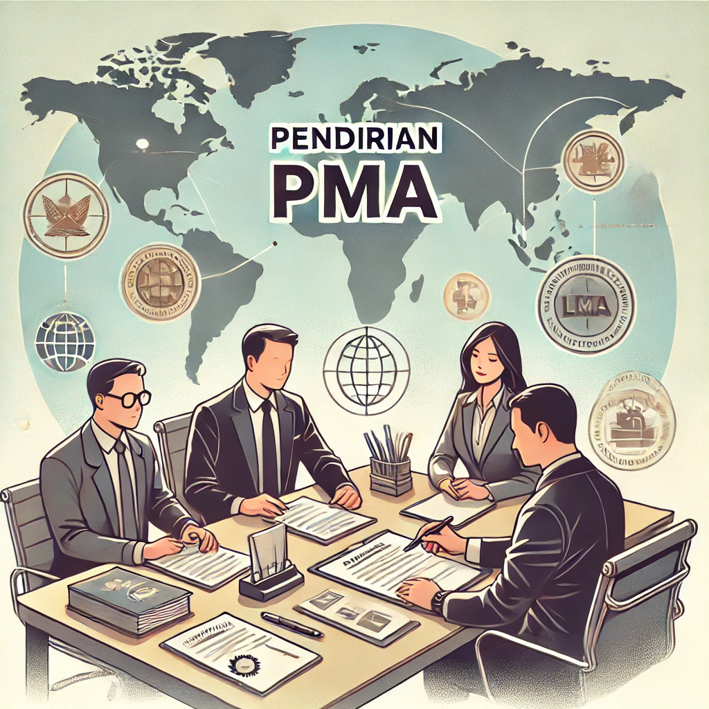 DALL·E 2024-11-14 17.09.53 - Illustration for the menu page 'Pendirian PMA' on a business licensing website. The image should feature a business setting with a professional team d